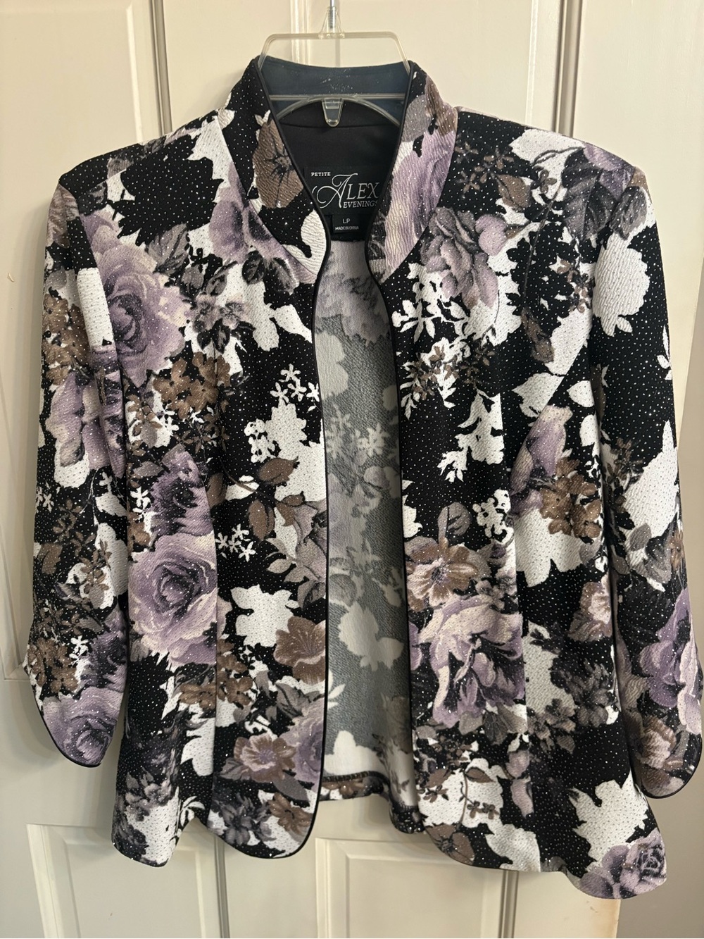 Alex Evenings Petite Floral Open-Front Blazer in Black, Lavender.